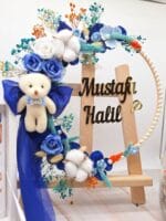 Mustafa Halil Çiçek Süslemeli Ayıcık Figürlü Kasnak Kapı Süsü, İsme Özel Etiketli Çikolata ve Kutusu, Takı Yastığı - Görsel 4